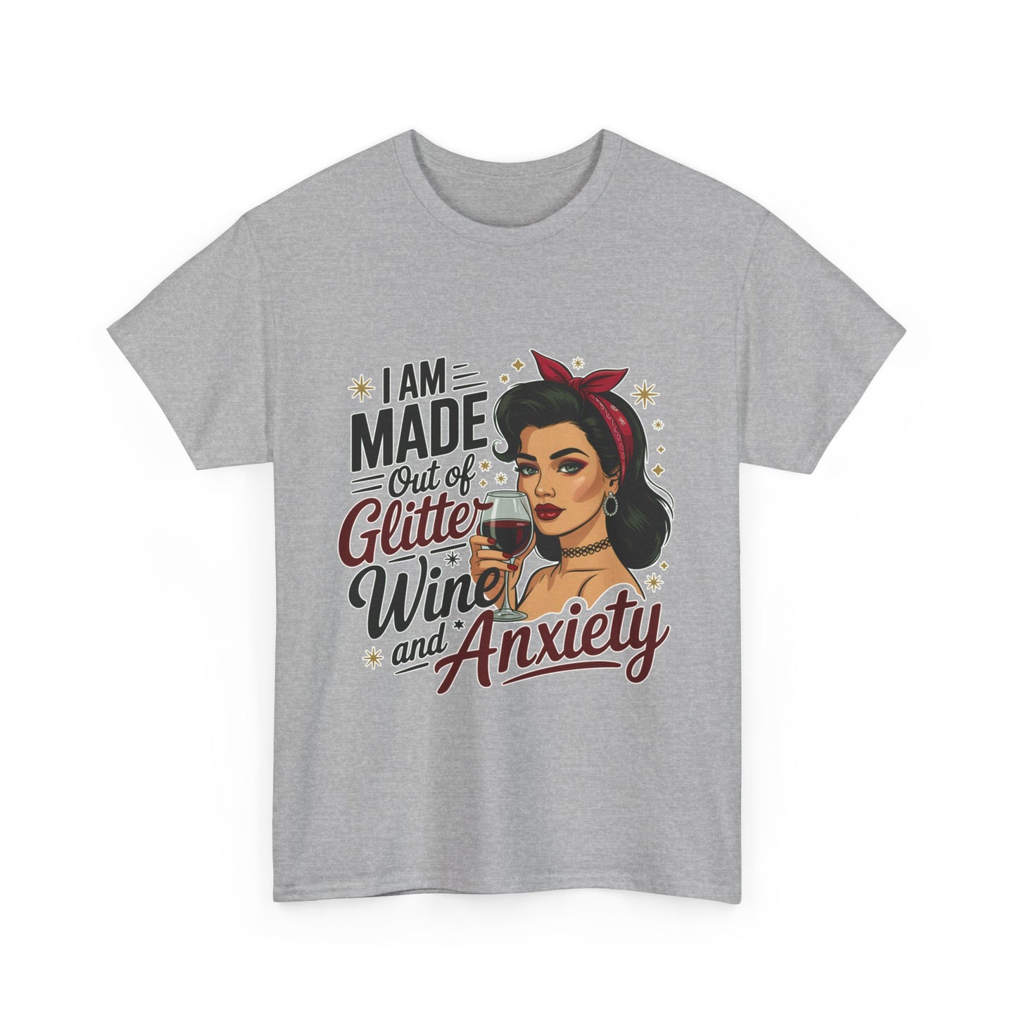 Glitter Wine & Anxiety Tee, Fun Unisex Cotton T-Shirt, Casual Gift for Wine Lovers, Relaxed Fit for Parties, Statement Top
