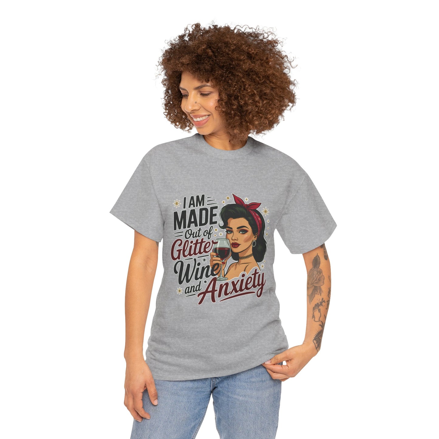 Glitter Wine & Anxiety Tee, Fun Unisex Cotton T-Shirt, Casual Gift for Wine Lovers, Relaxed Fit for Parties, Statement Top