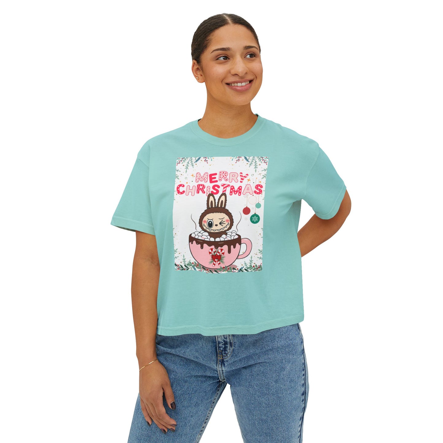 Merry Christmas Bunny Boxy Tee, Cute Christmas Shirt, Holiday Gift, Women's Christmas Top, Festive Tee for Girls