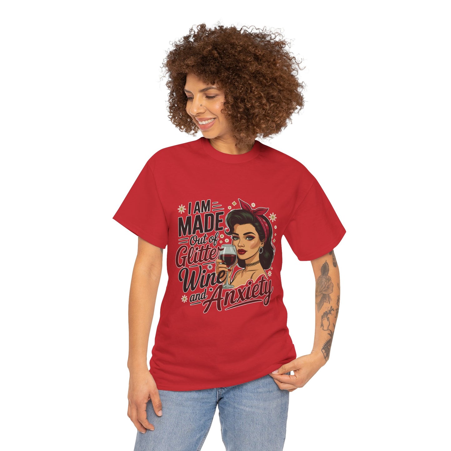 Glitter Wine & Anxiety Tee, Fun Unisex Cotton T-Shirt, Casual Gift for Wine Lovers, Relaxed Fit for Parties, Statement Top