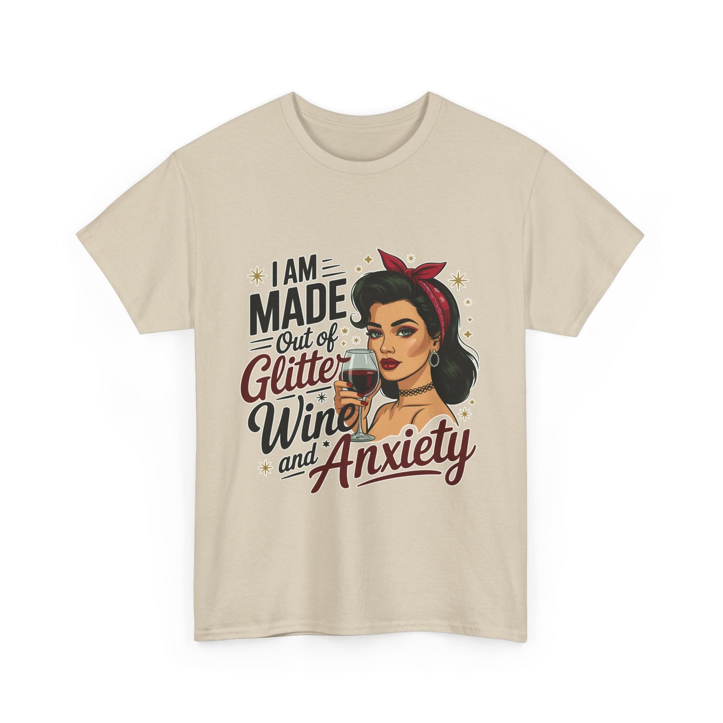 Glitter Wine & Anxiety Tee, Fun Unisex Cotton T-Shirt, Casual Gift for Wine Lovers, Relaxed Fit for Parties, Statement Top