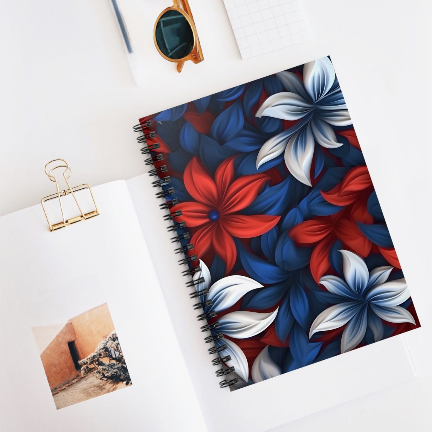 Floral Spiral Notebook - Vibrant Blooms, Perfect for Journaling, Notetaking, Gift for Students, Flower Lovers, Red White Blue Design
