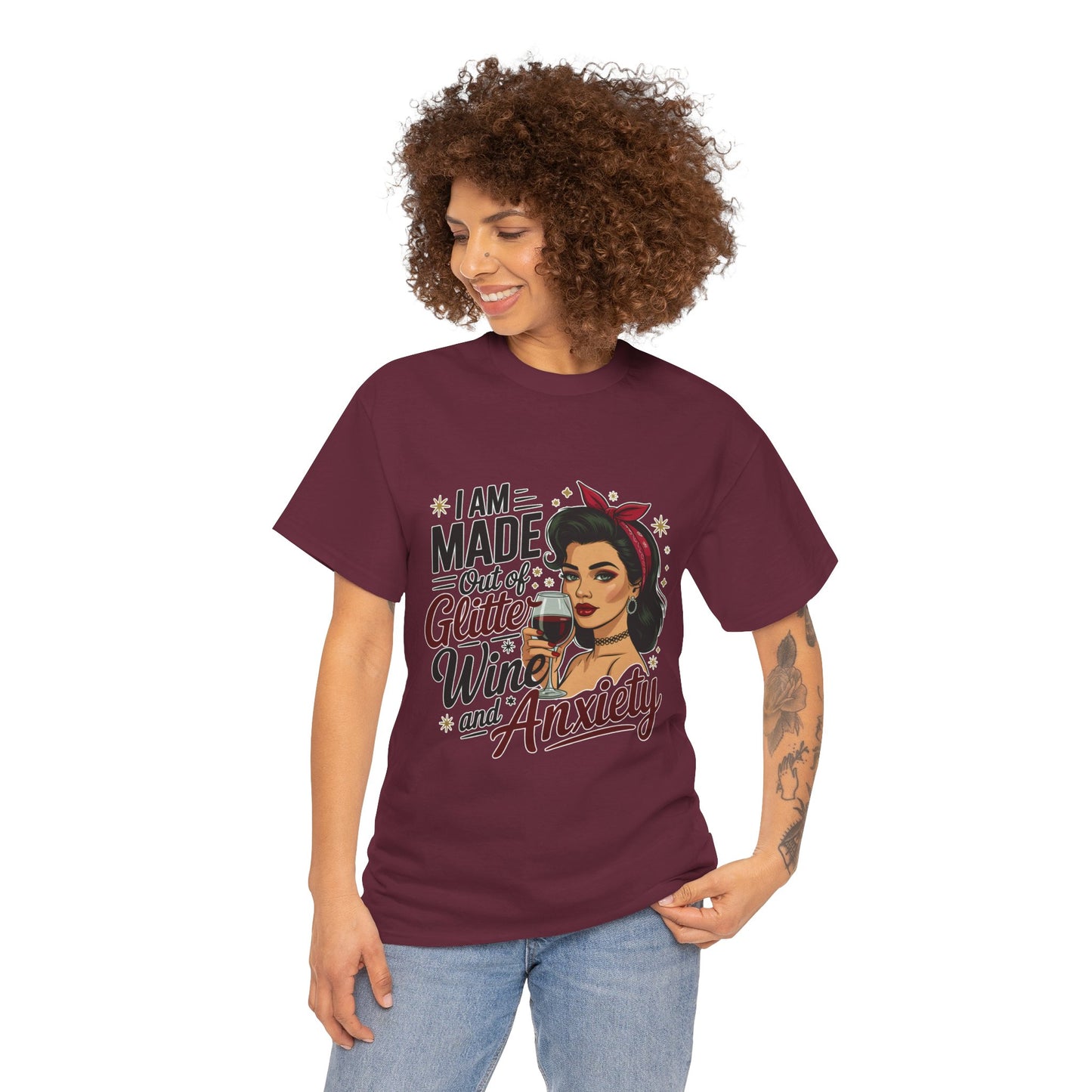 Glitter Wine & Anxiety Tee, Fun Unisex Cotton T-Shirt, Casual Gift for Wine Lovers, Relaxed Fit for Parties, Statement Top