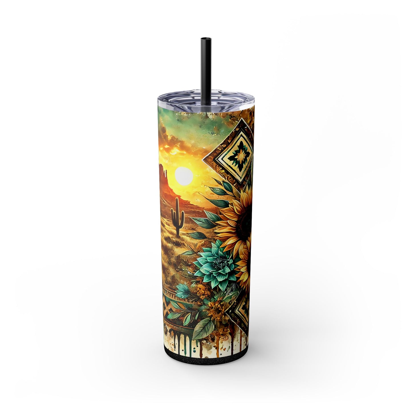 Desert Sunset Skinny Tumbler with Straw, 20oz - Cactus and Sunflower Design for Summer, Road Trips, Gifts, Outdoor Adventures