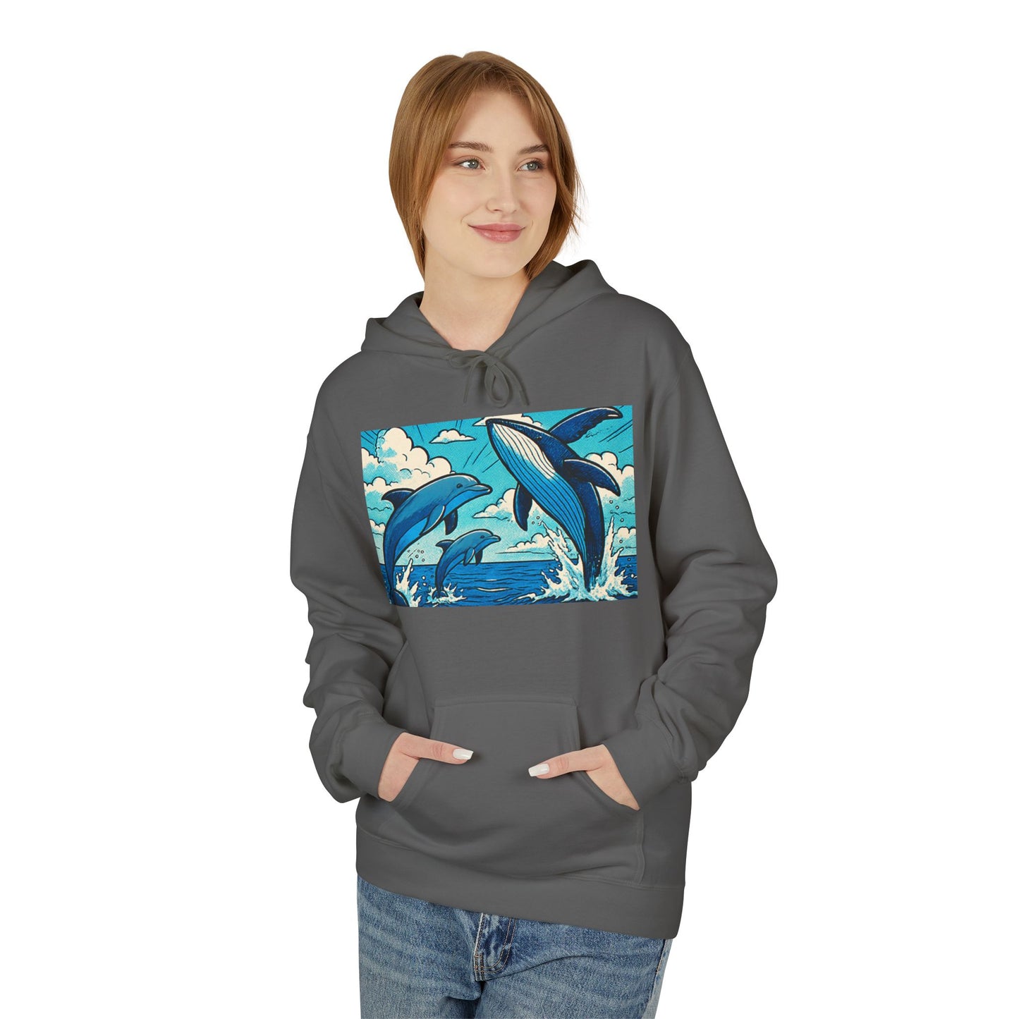 Dolphin Wave Hoodie - Unisex Fleece, Beach Vibes, Gift for Ocean Lovers, Nautical Style, Casual Wear, Summer Essentials