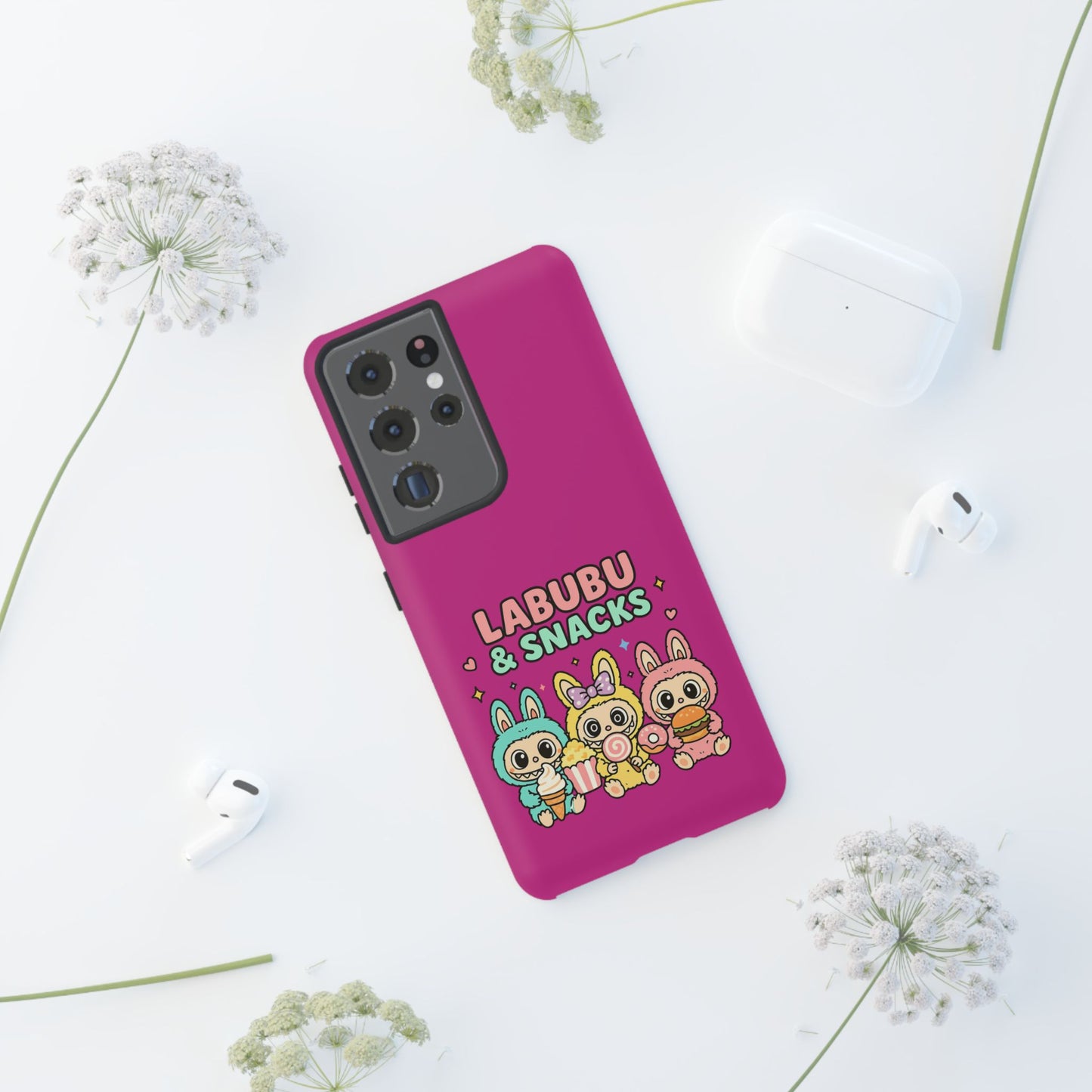 Cute Character Phone Case - Labubus & Snacks, Kawaii Accessories, Gift for Food Lovers, Fun Phone Cover, Cute Tech Gear