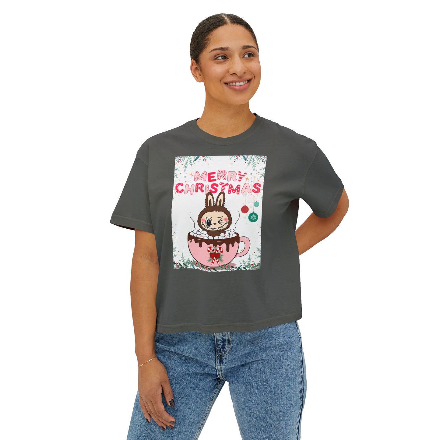 Merry Christmas Bunny Boxy Tee, Cute Christmas Shirt, Holiday Gift, Women's Christmas Top, Festive Tee for Girls