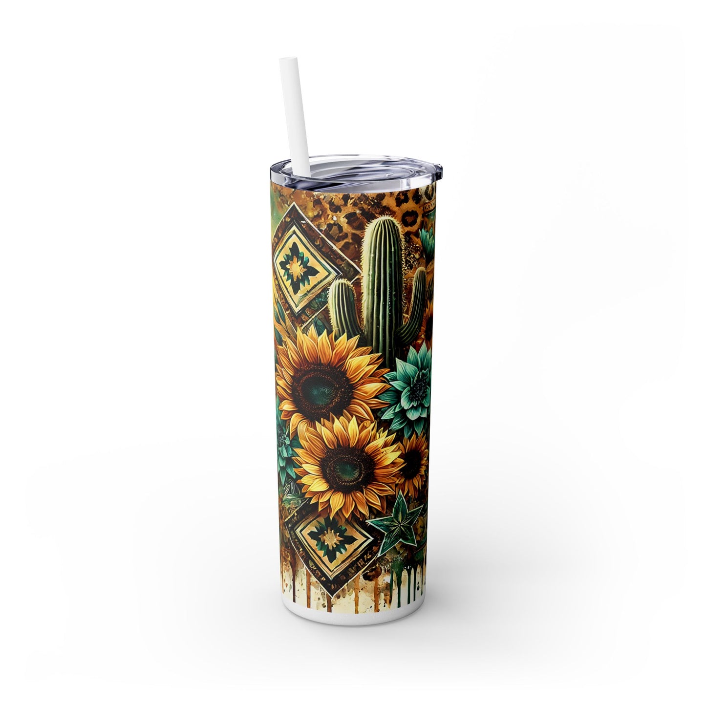 Desert Sunset Skinny Tumbler with Straw, 20oz - Cactus and Sunflower Design for Summer, Road Trips, Gifts, Outdoor Adventures