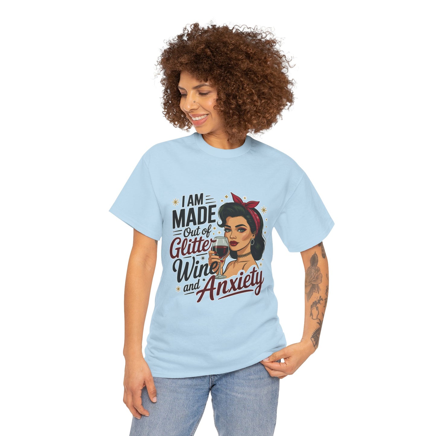 Glitter Wine & Anxiety Tee, Fun Unisex Cotton T-Shirt, Casual Gift for Wine Lovers, Relaxed Fit for Parties, Statement Top