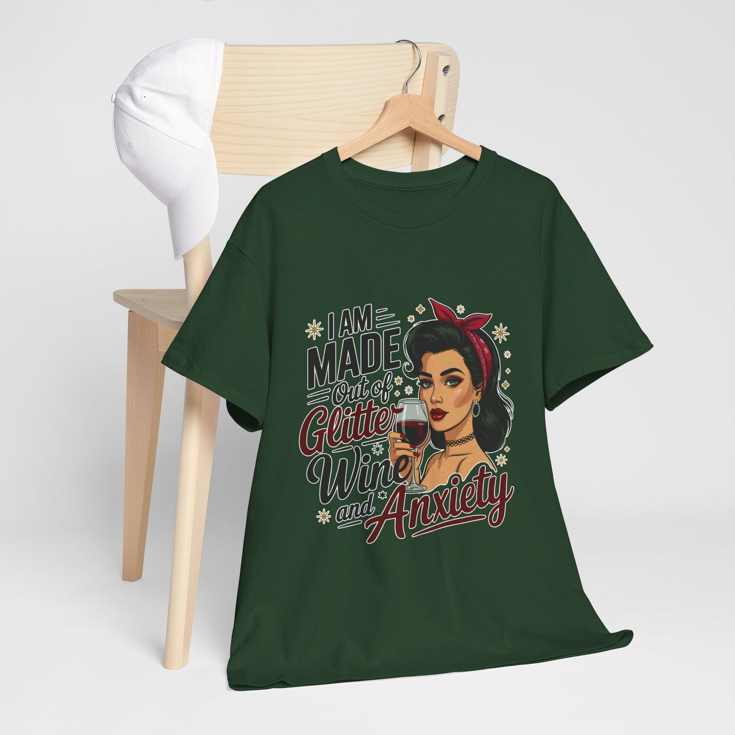 Glitter Wine & Anxiety Tee, Fun Unisex Cotton T-Shirt, Casual Gift for Wine Lovers, Relaxed Fit for Parties, Statement Top