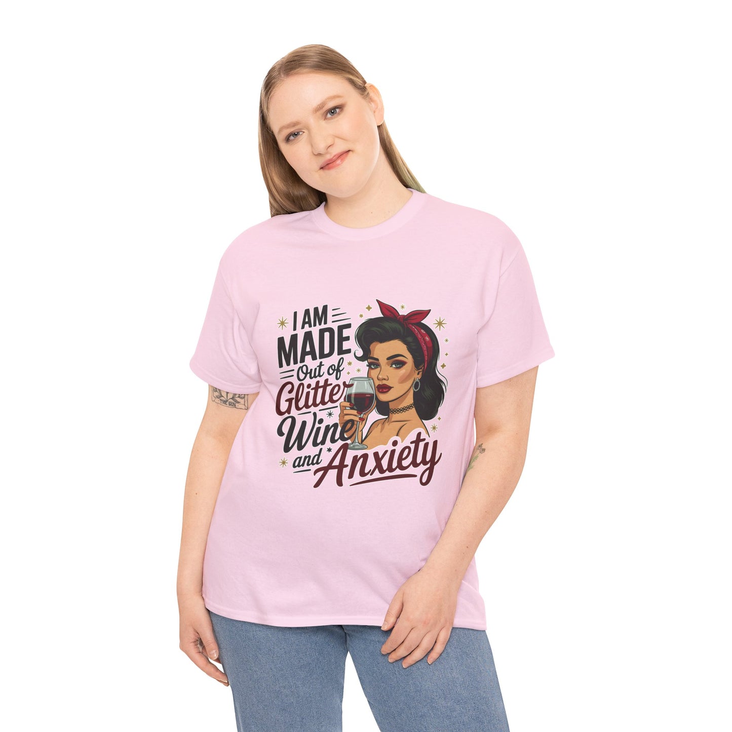 Glitter Wine & Anxiety Tee, Fun Unisex Cotton T-Shirt, Casual Gift for Wine Lovers, Relaxed Fit for Parties, Statement Top