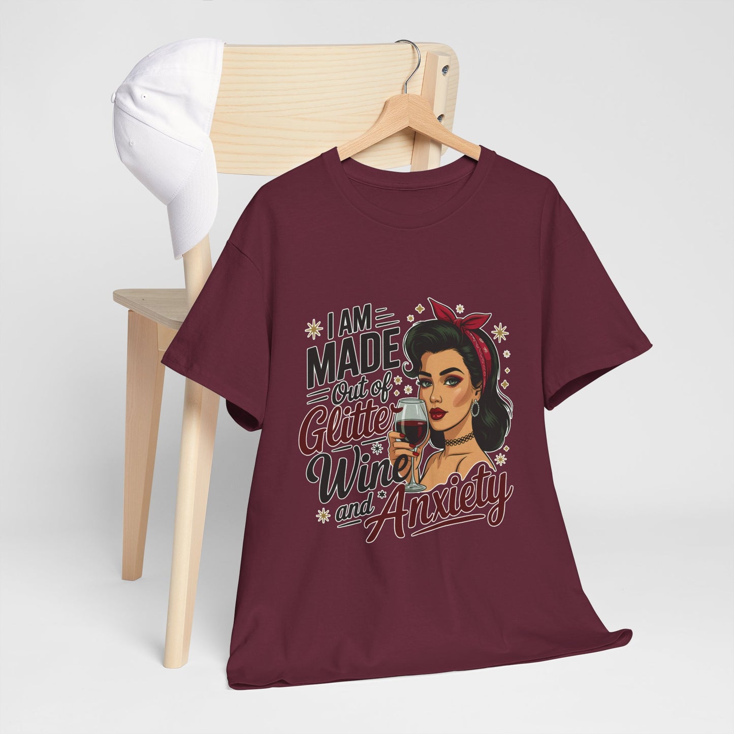 Glitter Wine & Anxiety Tee, Fun Unisex Cotton T-Shirt, Casual Gift for Wine Lovers, Relaxed Fit for Parties, Statement Top