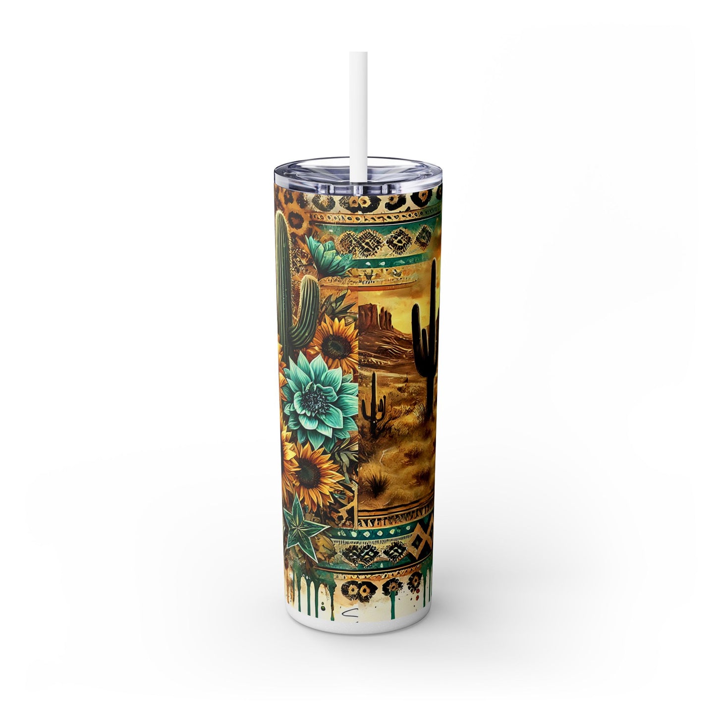 Desert Sunset Skinny Tumbler with Straw, 20oz - Cactus and Sunflower Design for Summer, Road Trips, Gifts, Outdoor Adventures