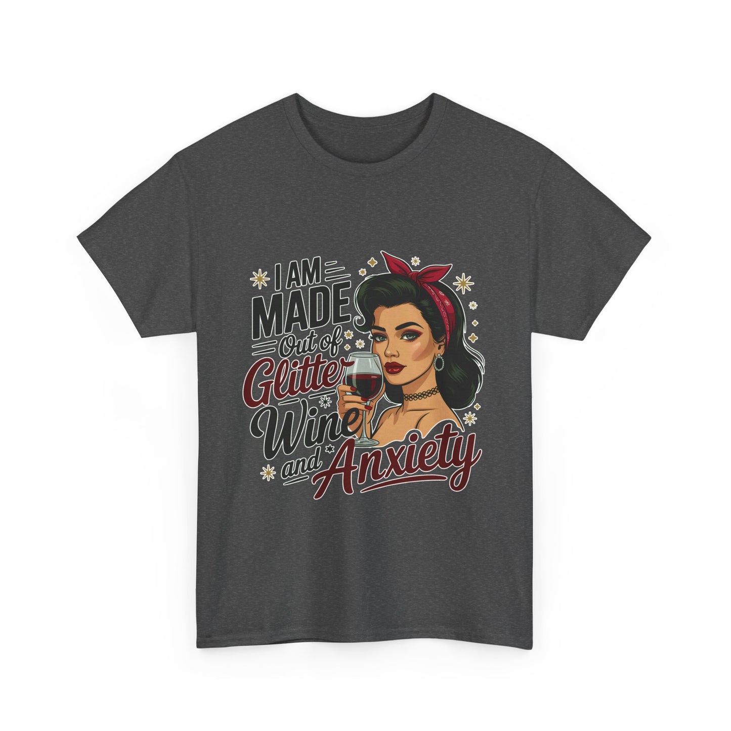 Glitter Wine & Anxiety Tee, Fun Unisex Cotton T-Shirt, Casual Gift for Wine Lovers, Relaxed Fit for Parties, Statement Top