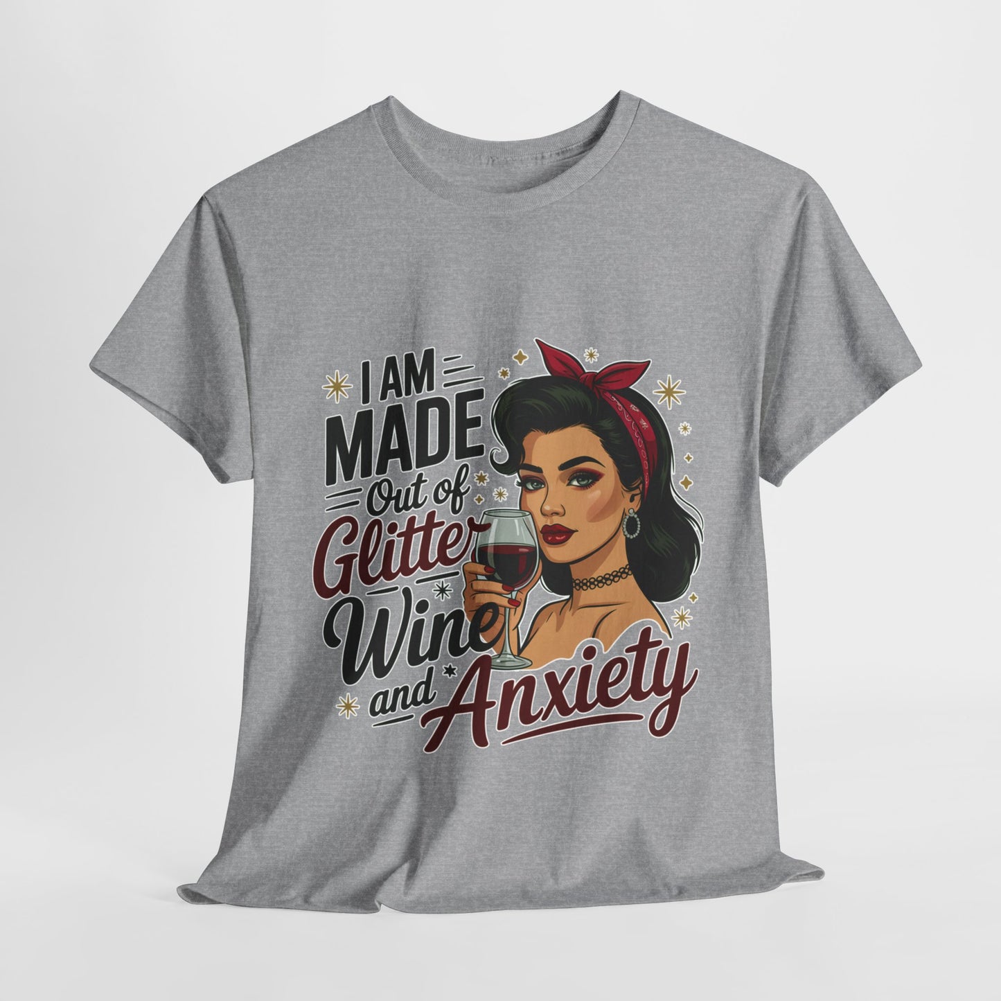 Glitter Wine & Anxiety Tee, Fun Unisex Cotton T-Shirt, Casual Gift for Wine Lovers, Relaxed Fit for Parties, Statement Top