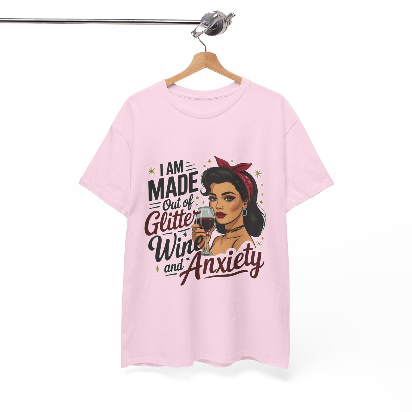 Glitter Wine & Anxiety Tee, Fun Unisex Cotton T-Shirt, Casual Gift for Wine Lovers, Relaxed Fit for Parties, Statement Top