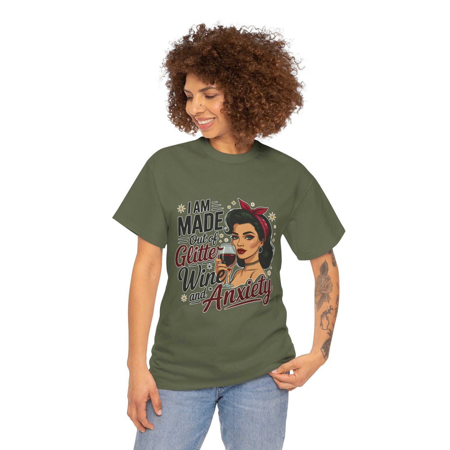 Glitter Wine & Anxiety Tee, Fun Unisex Cotton T-Shirt, Casual Gift for Wine Lovers, Relaxed Fit for Parties, Statement Top