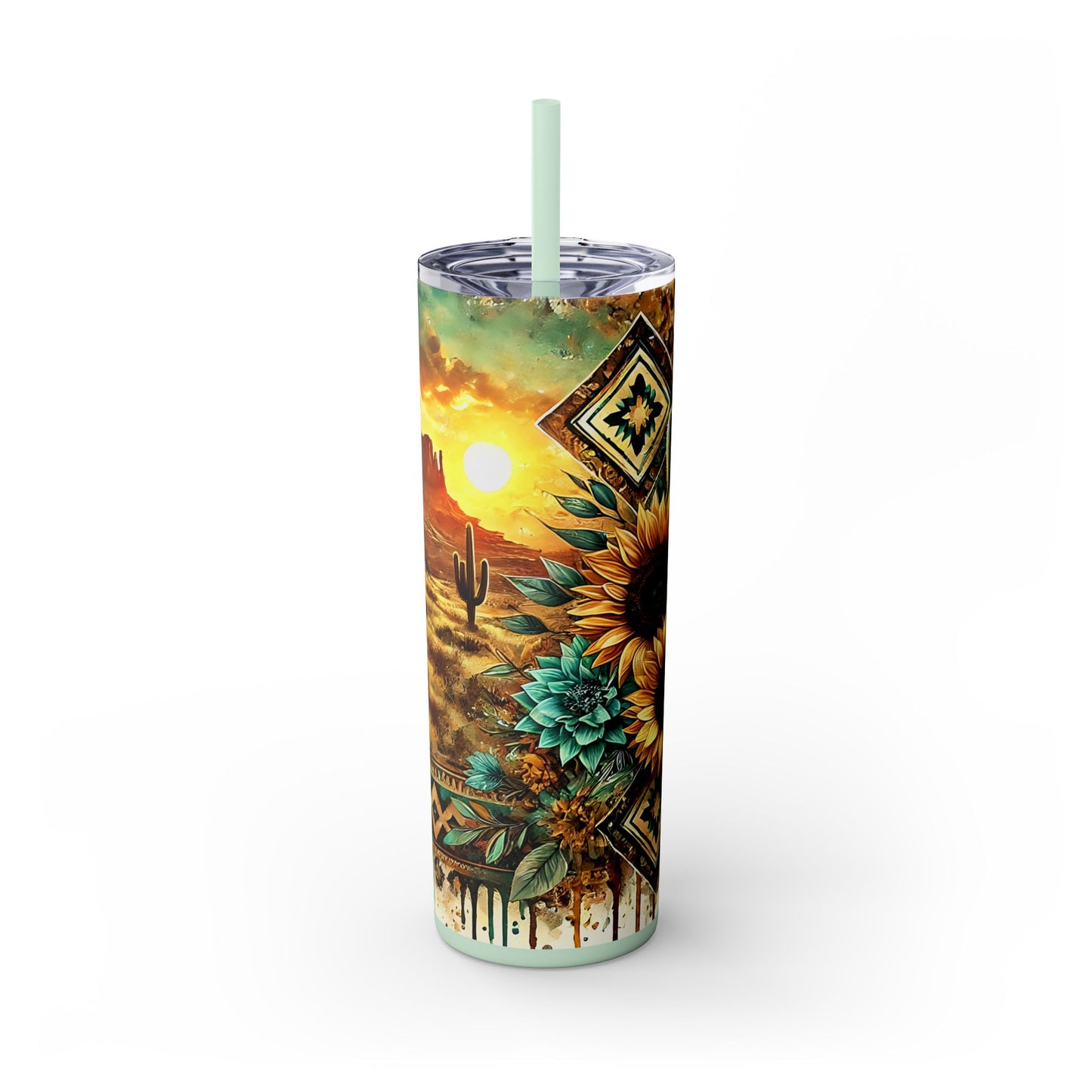 Desert Sunset Skinny Tumbler with Straw, 20oz - Cactus and Sunflower Design for Summer, Road Trips, Gifts, Outdoor Adventures