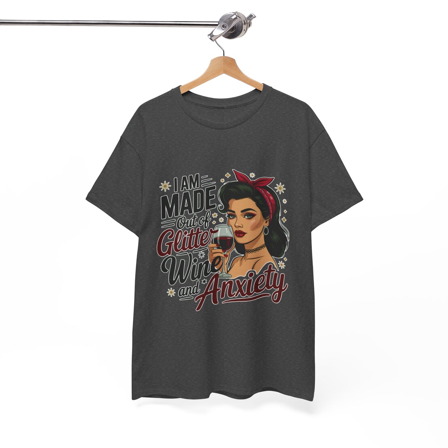 Glitter Wine & Anxiety Tee, Fun Unisex Cotton T-Shirt, Casual Gift for Wine Lovers, Relaxed Fit for Parties, Statement Top