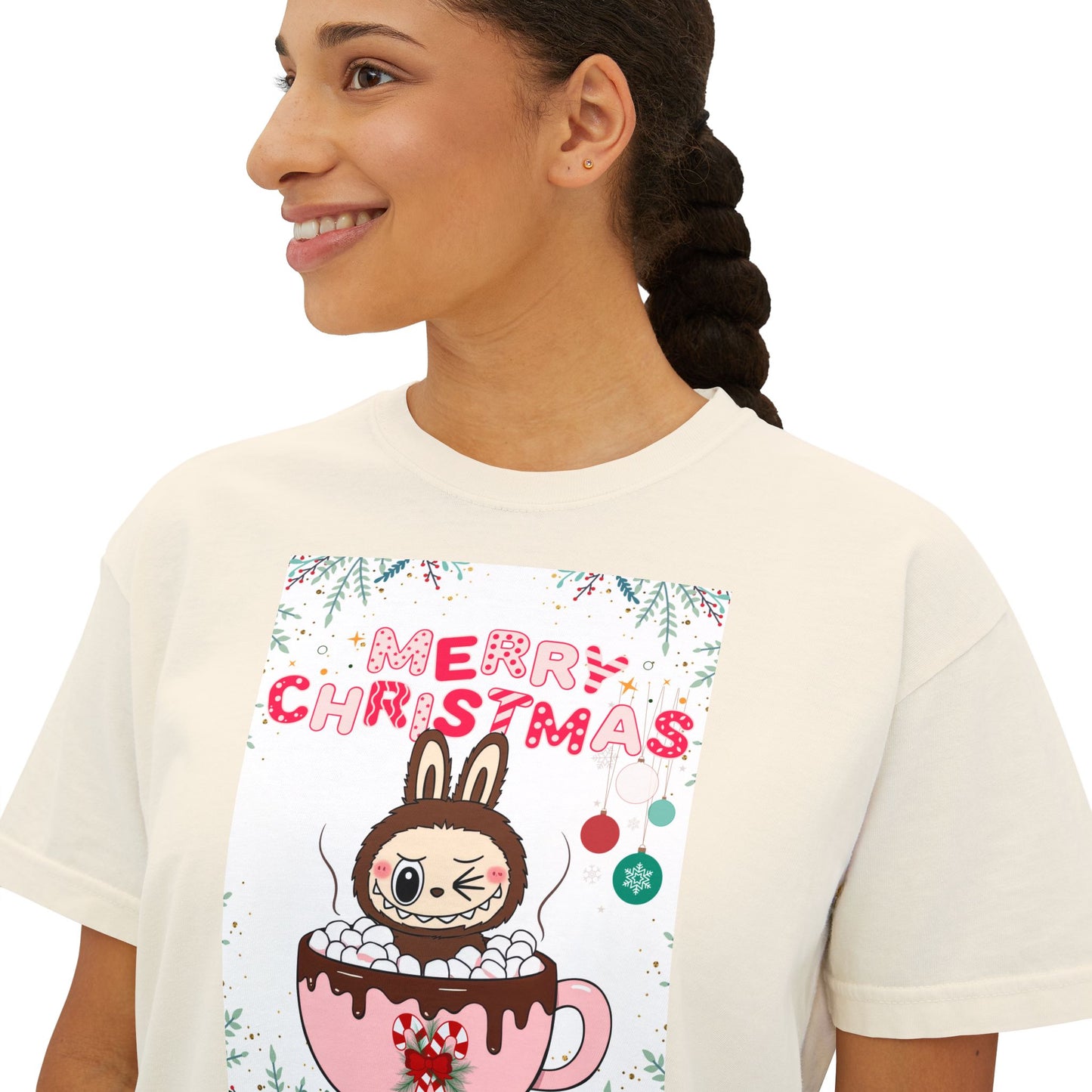 Merry Christmas Bunny Boxy Tee, Cute Christmas Shirt, Holiday Gift, Women's Christmas Top, Festive Tee for Girls