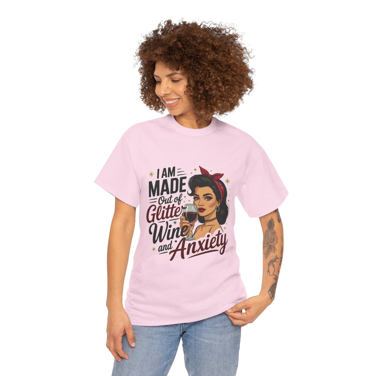 Glitter Wine & Anxiety Tee, Fun Unisex Cotton T-Shirt, Casual Gift for Wine Lovers, Relaxed Fit for Parties, Statement Top
