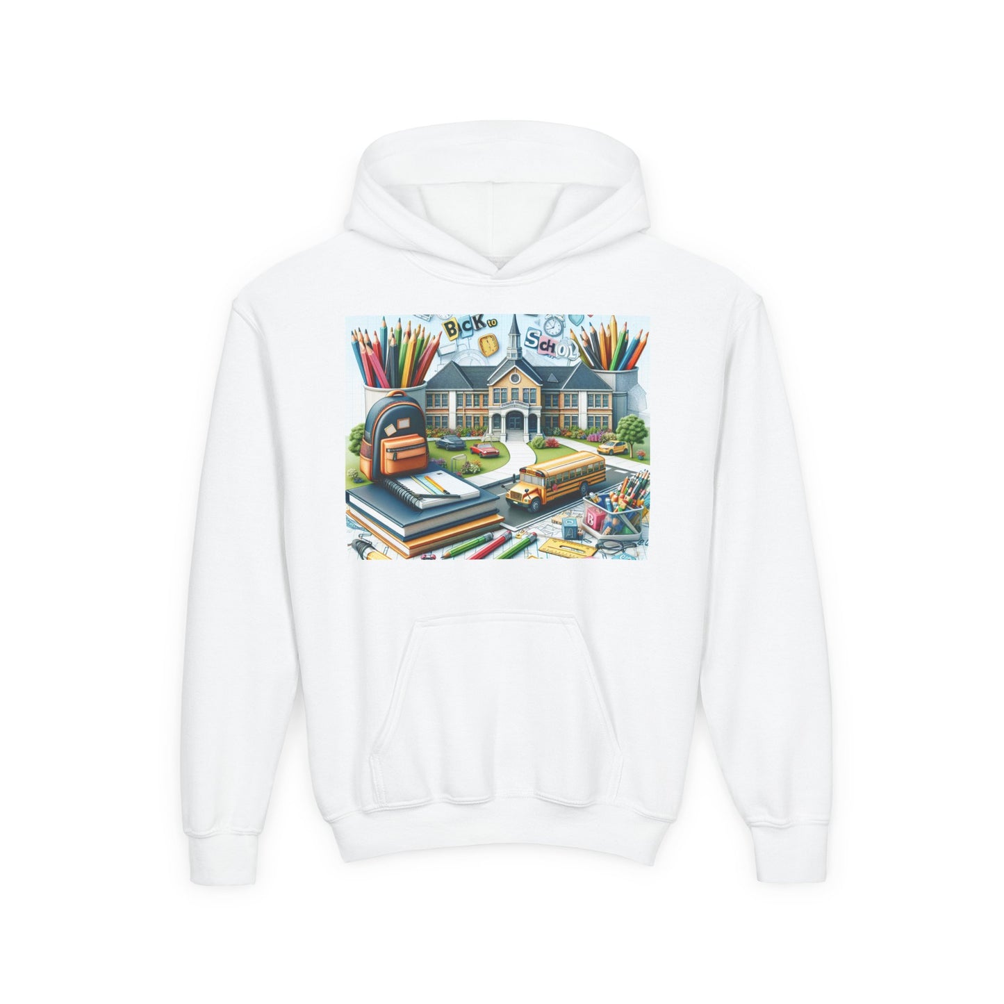 Back to School Sweatshirt, Youth Pullover Hoodie, Cute School Supplies Design, Perfect for Students, Gift for Kids