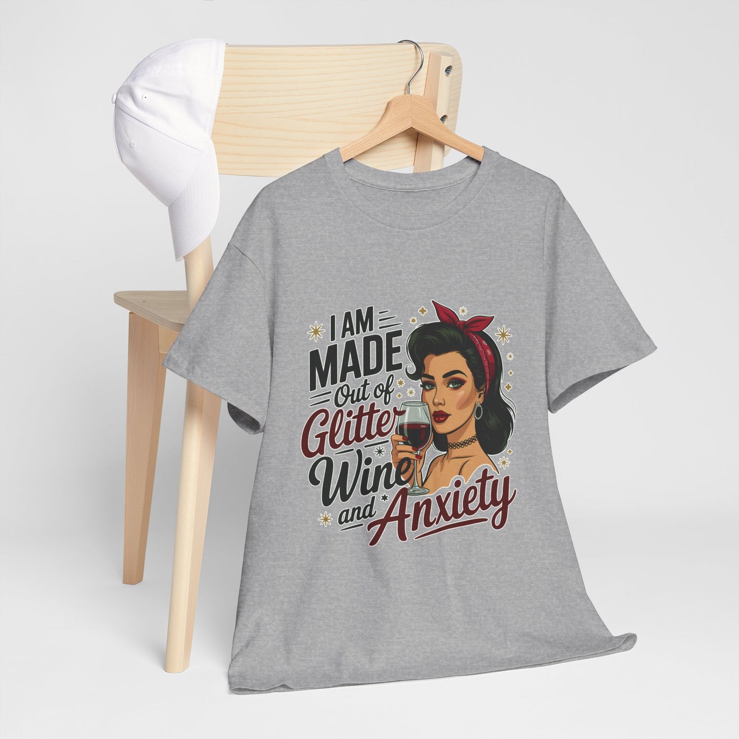 Glitter Wine & Anxiety Tee, Fun Unisex Cotton T-Shirt, Casual Gift for Wine Lovers, Relaxed Fit for Parties, Statement Top