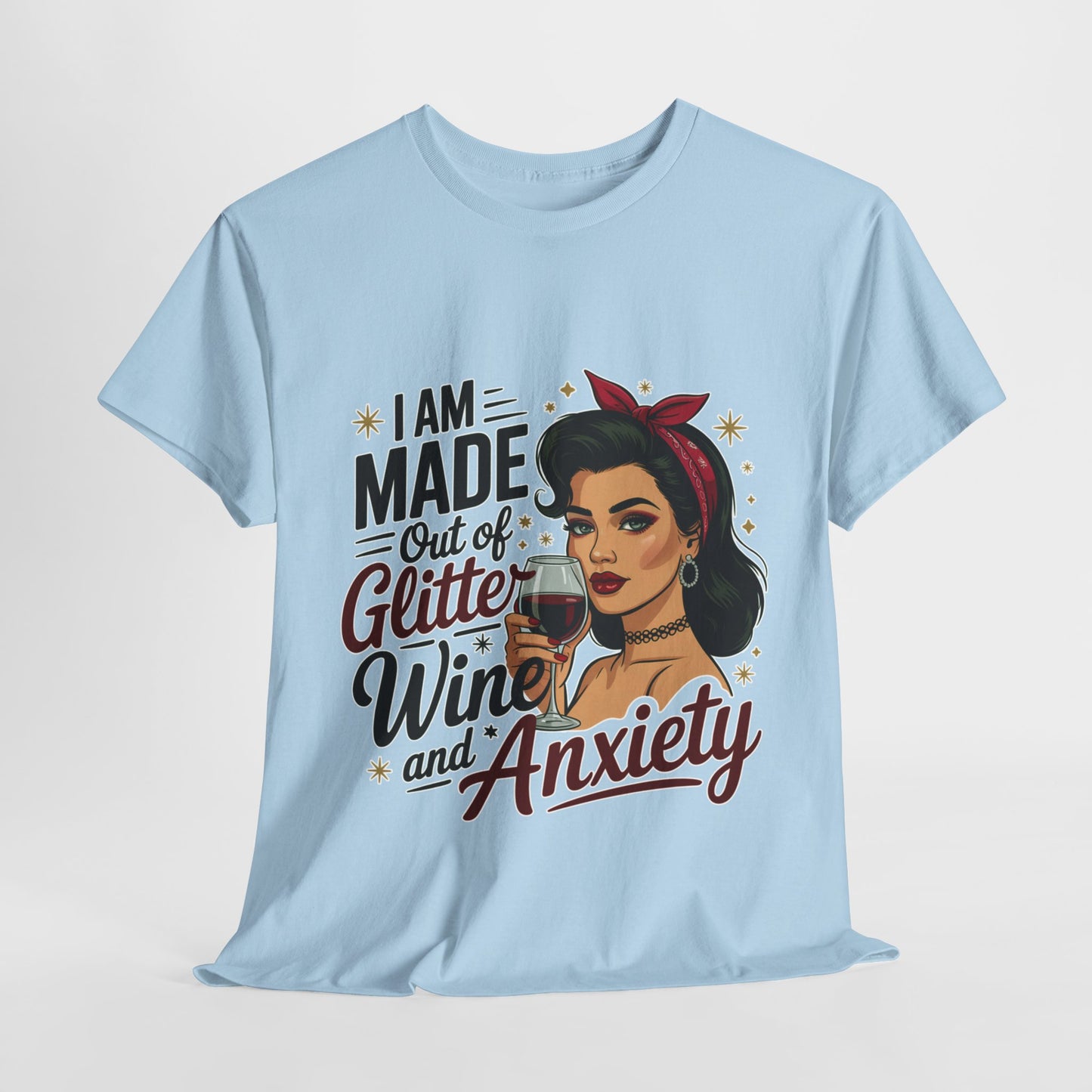 Glitter Wine & Anxiety Tee, Fun Unisex Cotton T-Shirt, Casual Gift for Wine Lovers, Relaxed Fit for Parties, Statement Top