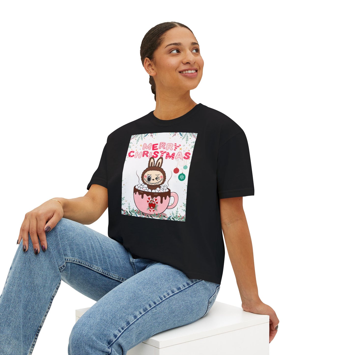 Merry Christmas Bunny Boxy Tee, Cute Christmas Shirt, Holiday Gift, Women's Christmas Top, Festive Tee for Girls