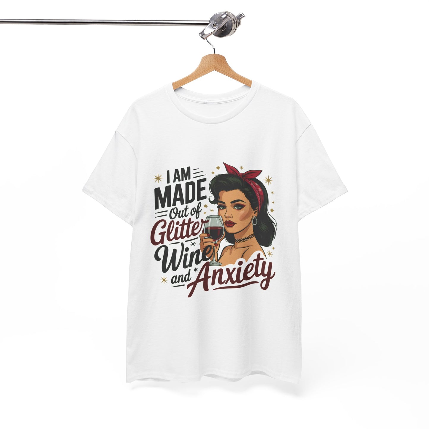 Glitter Wine & Anxiety Tee, Fun Unisex Cotton T-Shirt, Casual Gift for Wine Lovers, Relaxed Fit for Parties, Statement Top