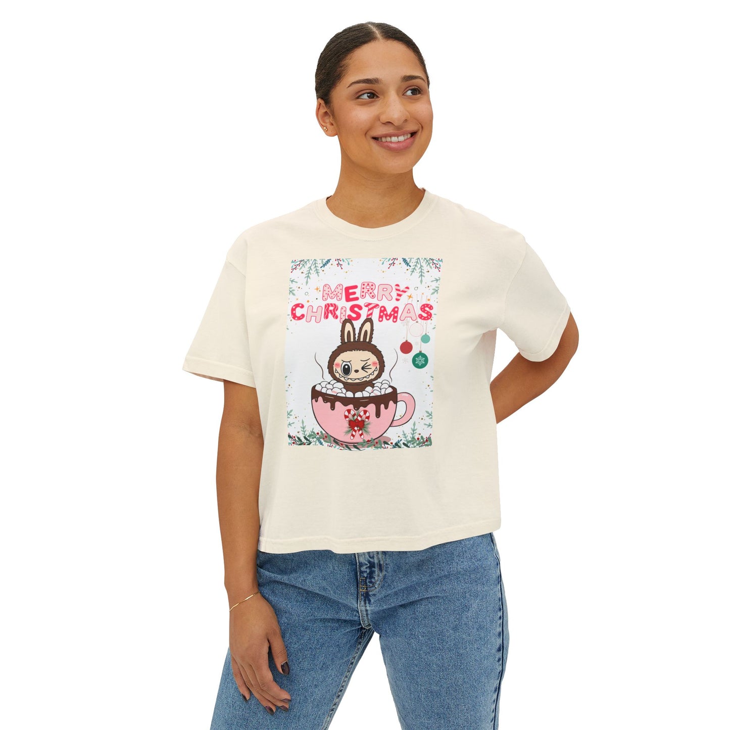 Merry Christmas Bunny Boxy Tee, Cute Christmas Shirt, Holiday Gift, Women's Christmas Top, Festive Tee for Girls