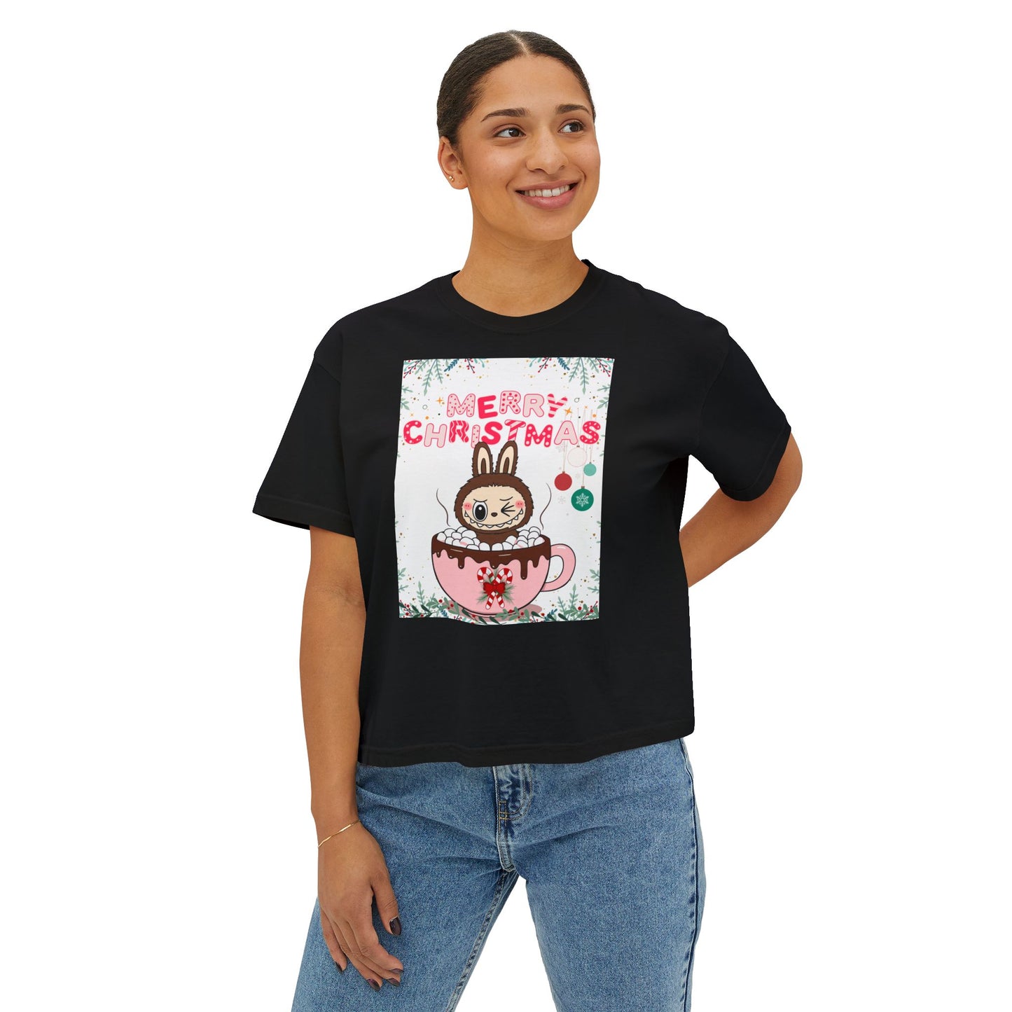Merry Christmas Bunny Boxy Tee, Cute Christmas Shirt, Holiday Gift, Women's Christmas Top, Festive Tee for Girls
