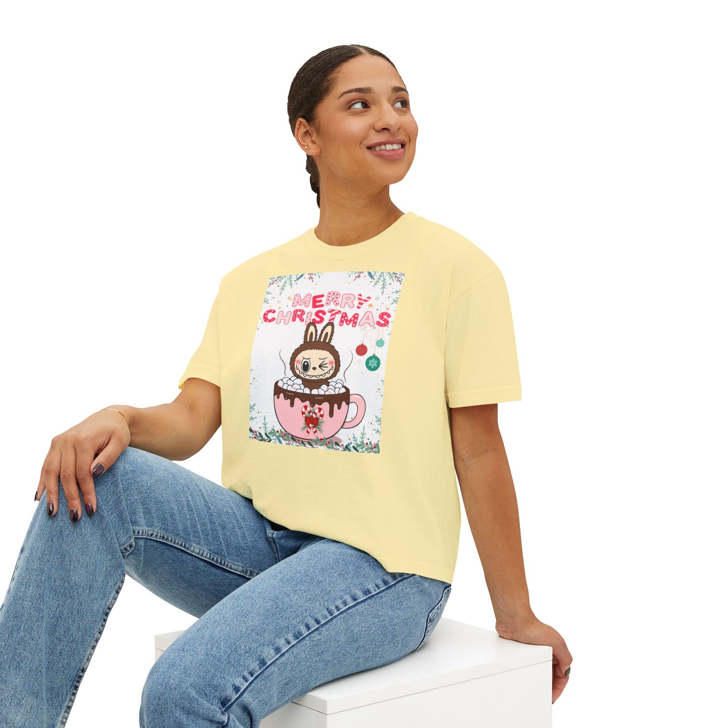 Merry Christmas Bunny Boxy Tee, Cute Christmas Shirt, Holiday Gift, Women's Christmas Top, Festive Tee for Girls
