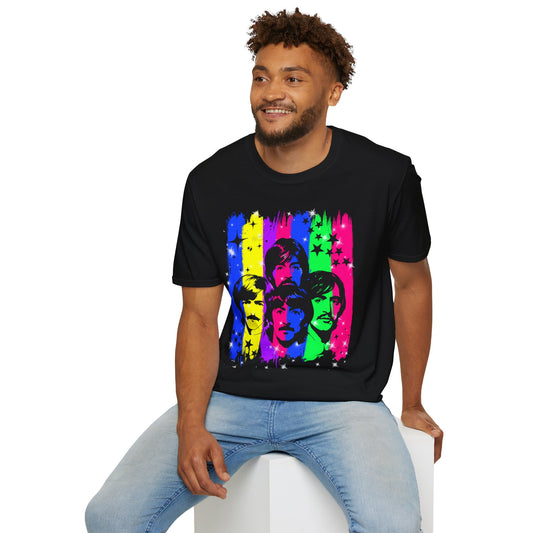 Colorful Beatles inspired Graphic T-Shirt | Unisex Softstyle Tee, Vintage Music Shirt, Retro Band Apparel, Gift for Music Lovers, Festival Wear