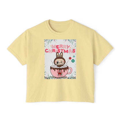 Merry Christmas Bunny Boxy Tee, Cute Christmas Shirt, Holiday Gift, Women's Christmas Top, Festive Tee for Girls