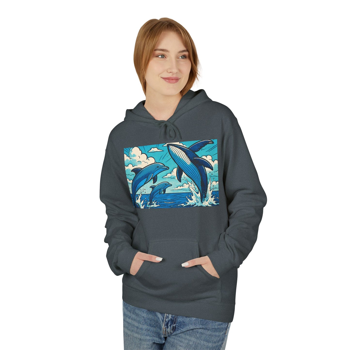 Dolphin Wave Hoodie - Unisex Fleece, Beach Vibes, Gift for Ocean Lovers, Nautical Style, Casual Wear, Summer Essentials
