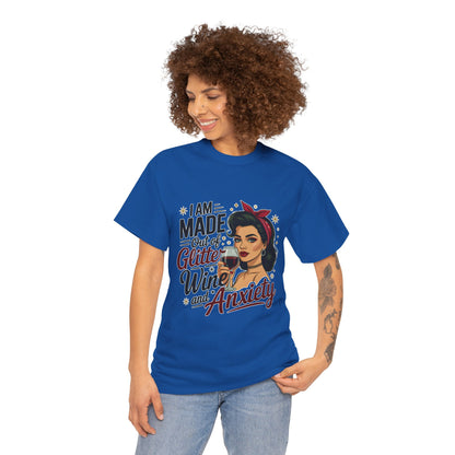 Glitter Wine & Anxiety Tee, Fun Unisex Cotton T-Shirt, Casual Gift for Wine Lovers, Relaxed Fit for Parties, Statement Top