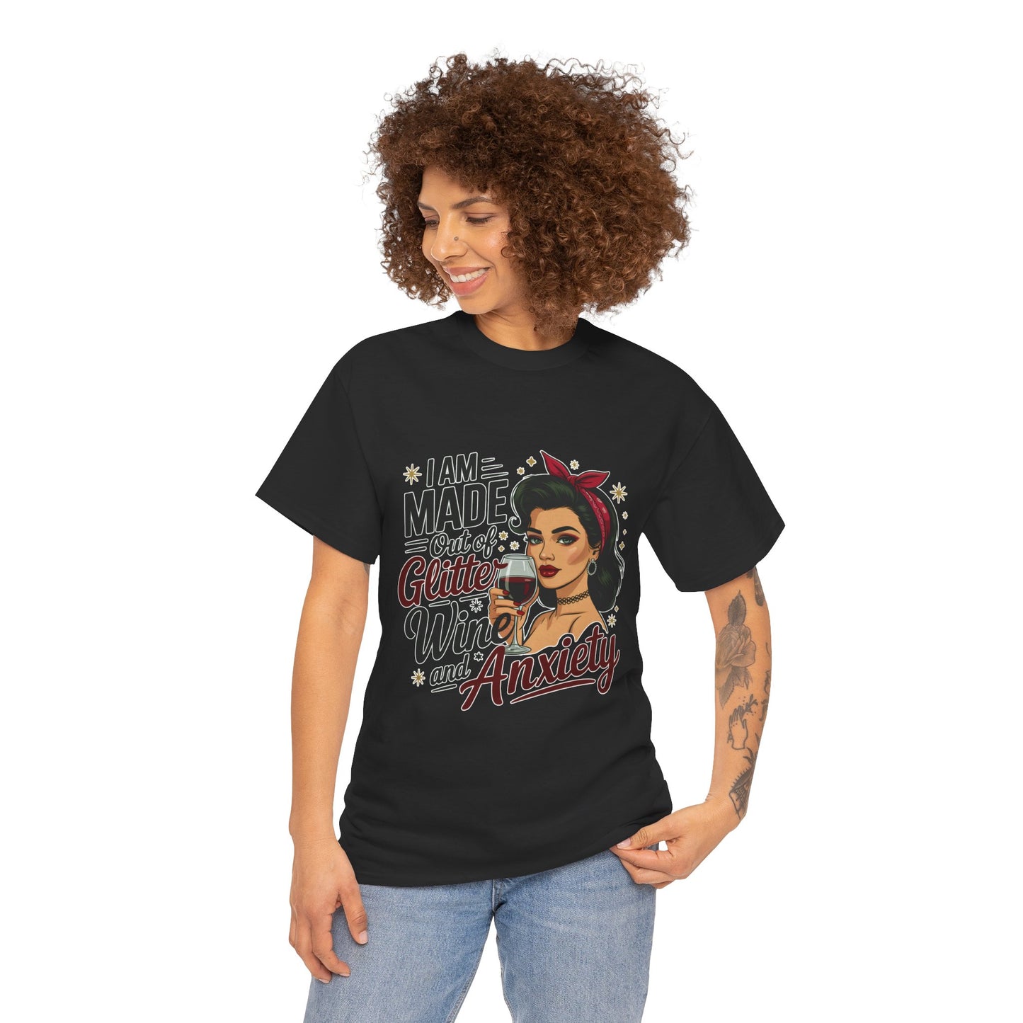 Glitter Wine & Anxiety Tee, Fun Unisex Cotton T-Shirt, Casual Gift for Wine Lovers, Relaxed Fit for Parties, Statement Top