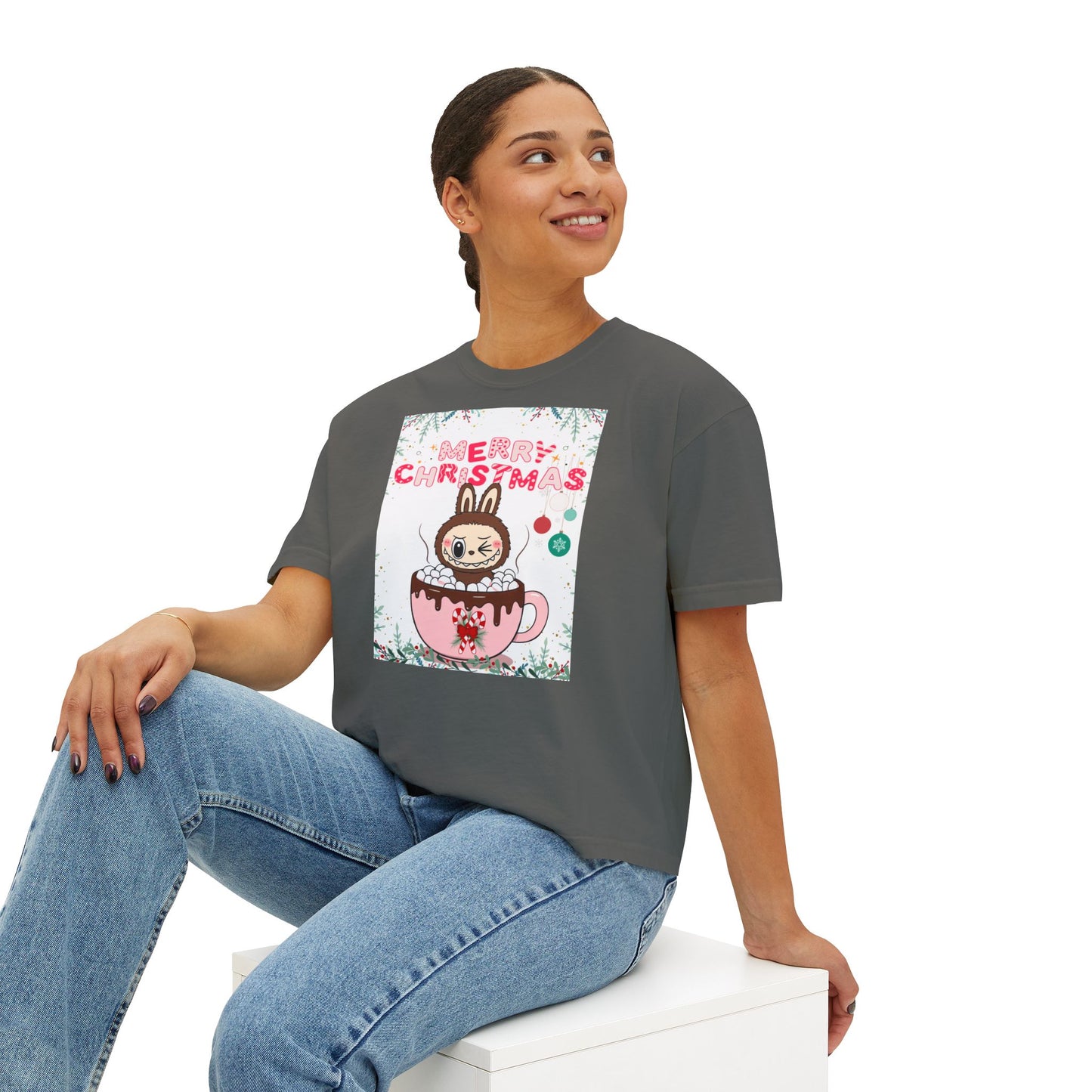 Merry Christmas Bunny Boxy Tee, Cute Christmas Shirt, Holiday Gift, Women's Christmas Top, Festive Tee for Girls