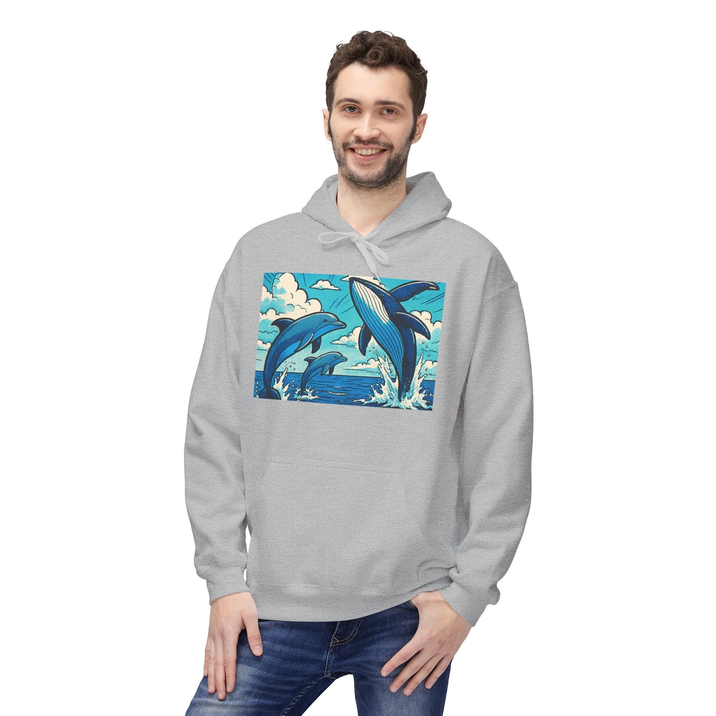 Dolphin Wave Hoodie - Unisex Fleece, Beach Vibes, Gift for Ocean Lovers, Nautical Style, Casual Wear, Summer Essentials