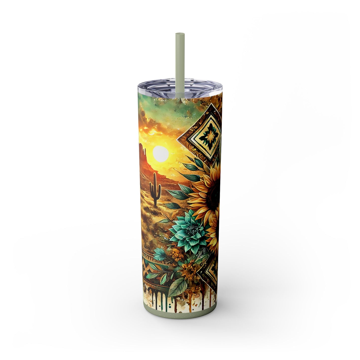 Desert Sunset Skinny Tumbler with Straw, 20oz - Cactus and Sunflower Design for Summer, Road Trips, Gifts, Outdoor Adventures