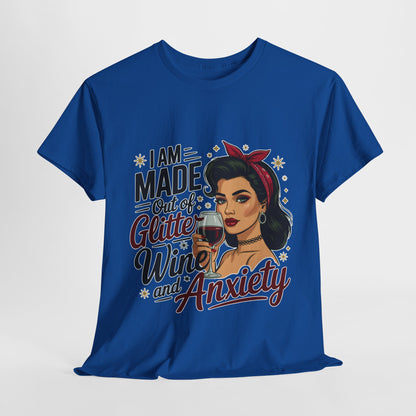 Glitter Wine & Anxiety Tee, Fun Unisex Cotton T-Shirt, Casual Gift for Wine Lovers, Relaxed Fit for Parties, Statement Top