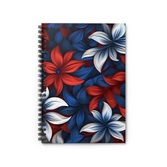 Floral Spiral Notebook - Vibrant Blooms, Perfect for Journaling, Notetaking, Gift for Students, Flower Lovers, Red White Blue Design