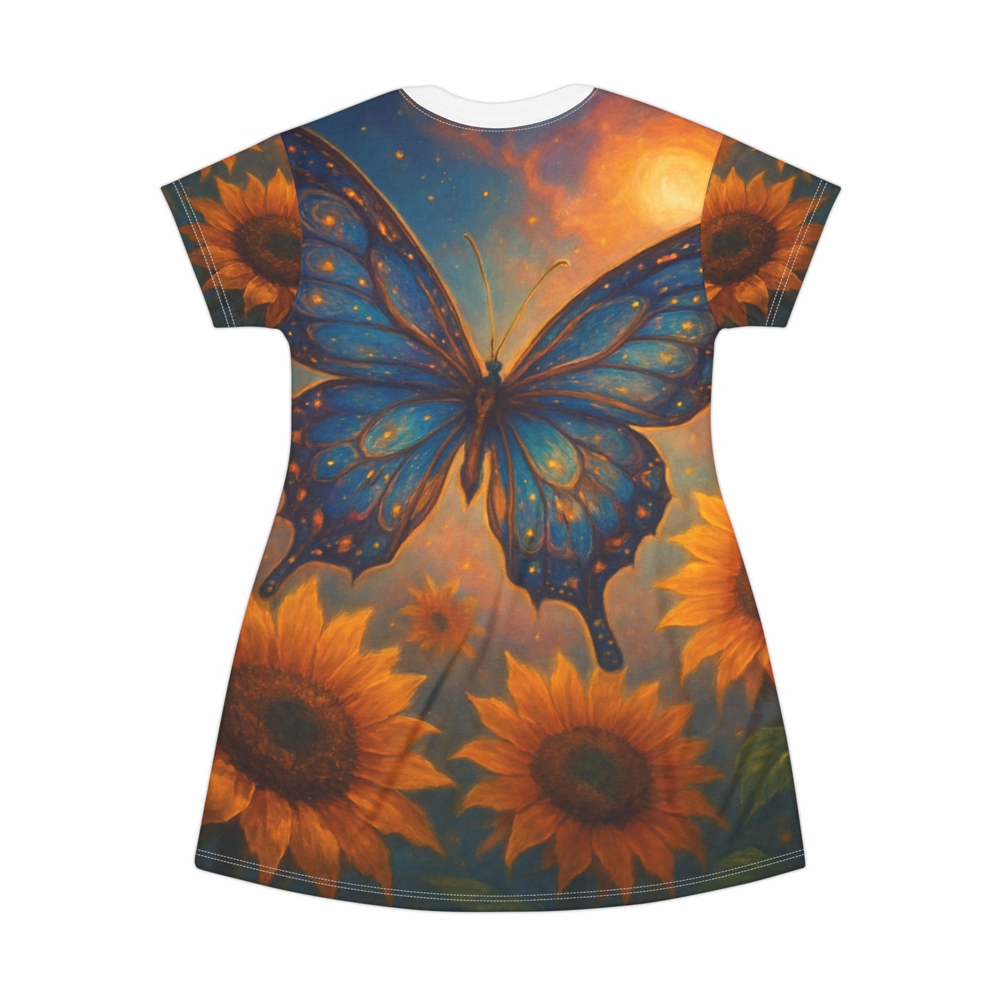 Butterfly & Sunflower T-Shirt Dress - Boho Chic Casual Wear, Summer Dress, Festival Outfit, Eco-Friendly Fashion, Unique Gift