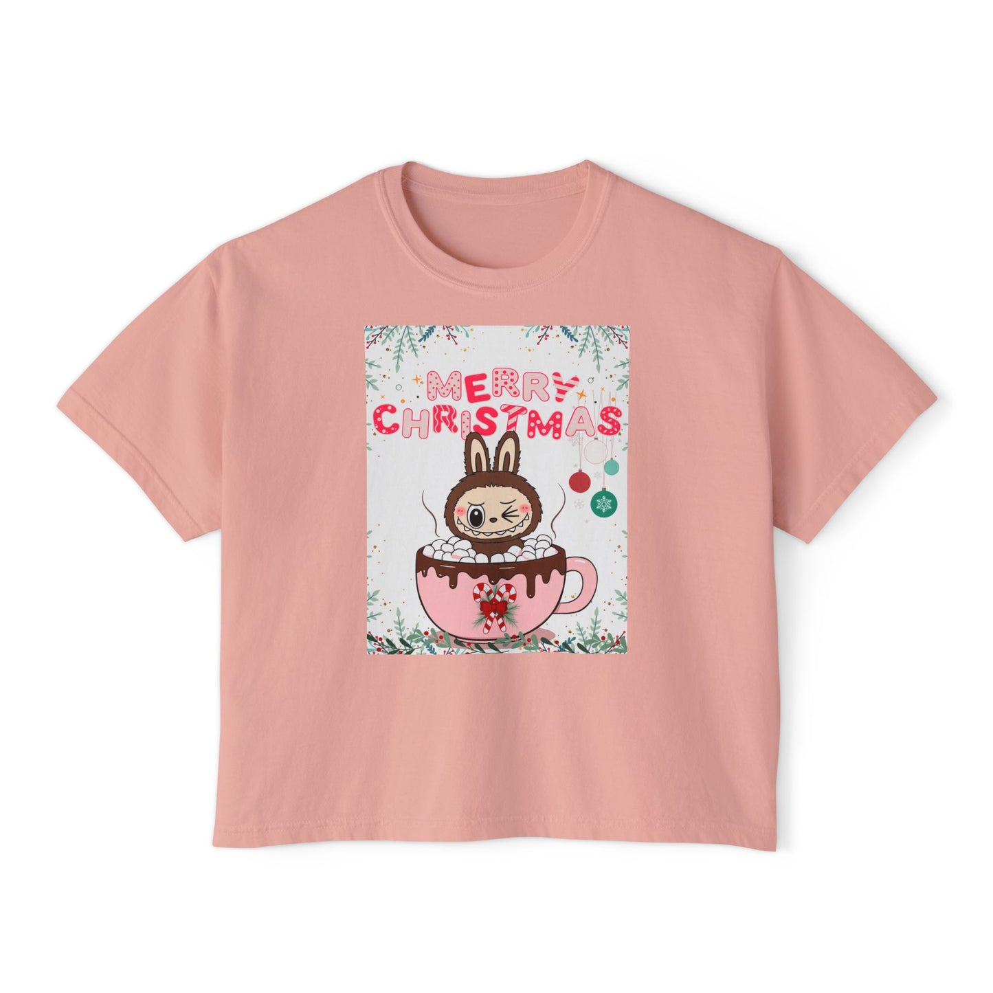 Merry Christmas Bunny Boxy Tee, Cute Christmas Shirt, Holiday Gift, Women's Christmas Top, Festive Tee for Girls