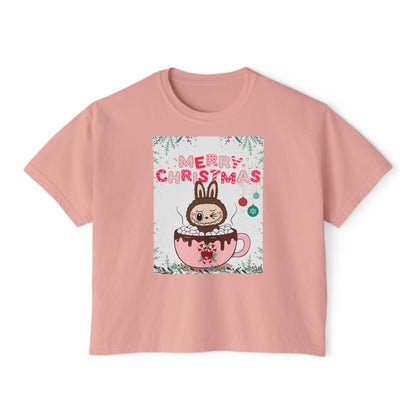Merry Christmas Bunny Boxy Tee, Cute Christmas Shirt, Holiday Gift, Women's Christmas Top, Festive Tee for Girls