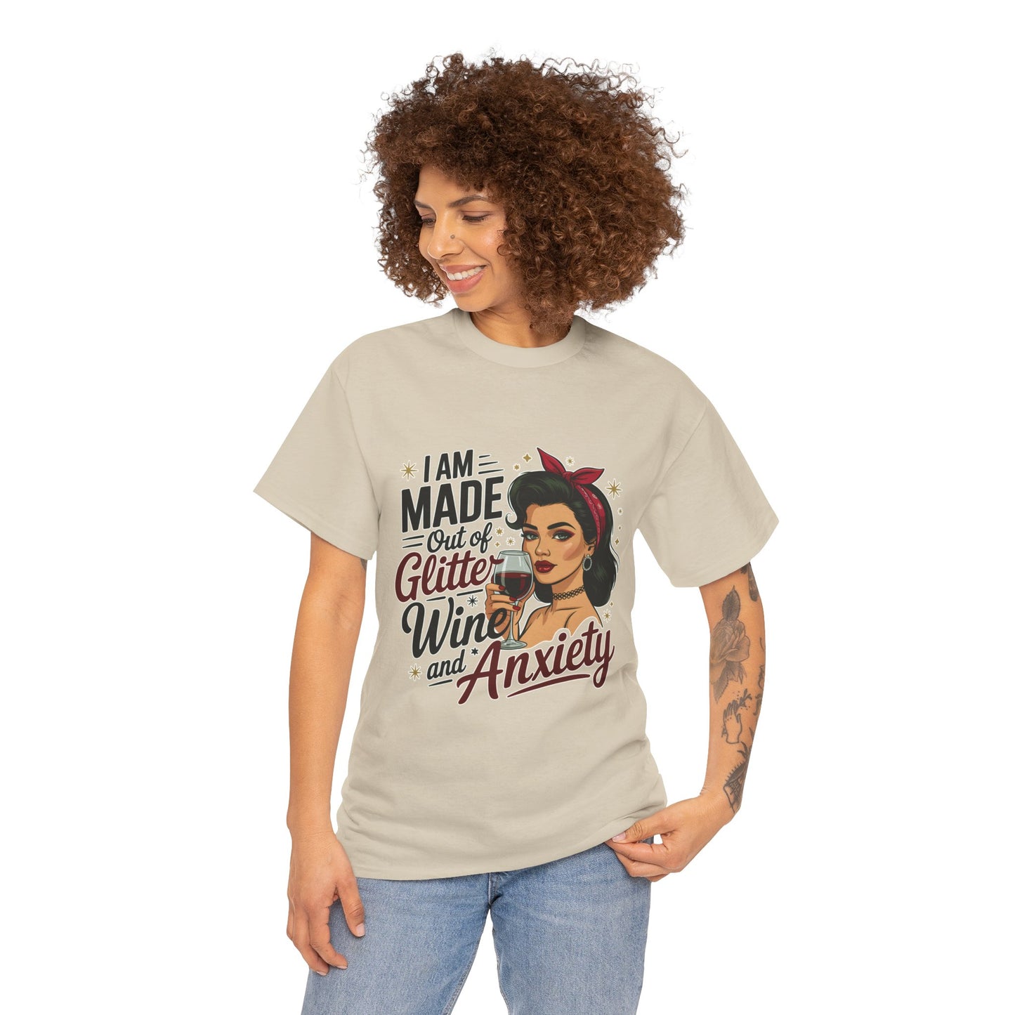 Glitter Wine & Anxiety Tee, Fun Unisex Cotton T-Shirt, Casual Gift for Wine Lovers, Relaxed Fit for Parties, Statement Top