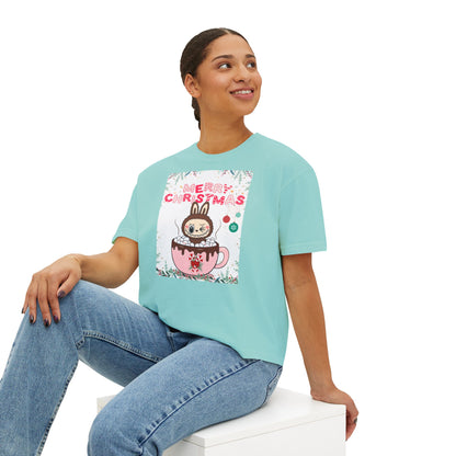 Merry Christmas Bunny Boxy Tee, Cute Christmas Shirt, Holiday Gift, Women's Christmas Top, Festive Tee for Girls