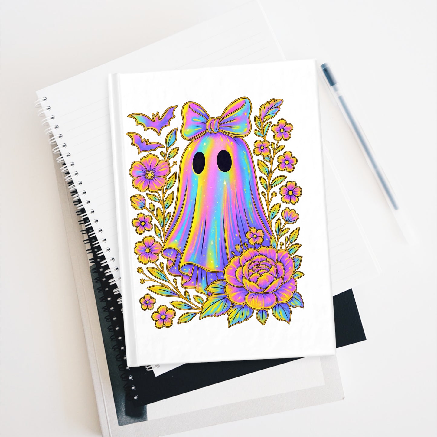 Rainbow Ghost Journal - Ruled Line, Cute & Colorful Note Book, Halloween Gift, Floral Ghost Notebook, Kawaii Journal, Spooky Stationery