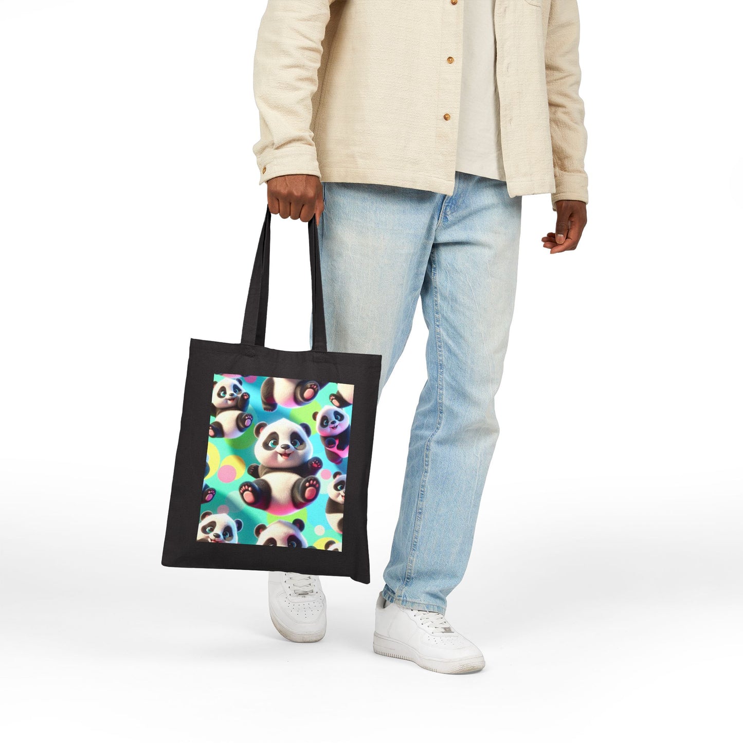 Cute Panda Cotton Canvas Tote Bag, Eco-Friendly Shopping Bag, Tote for Animal Lovers, Gift for Kids and Teens, Reusable Grocery Bag